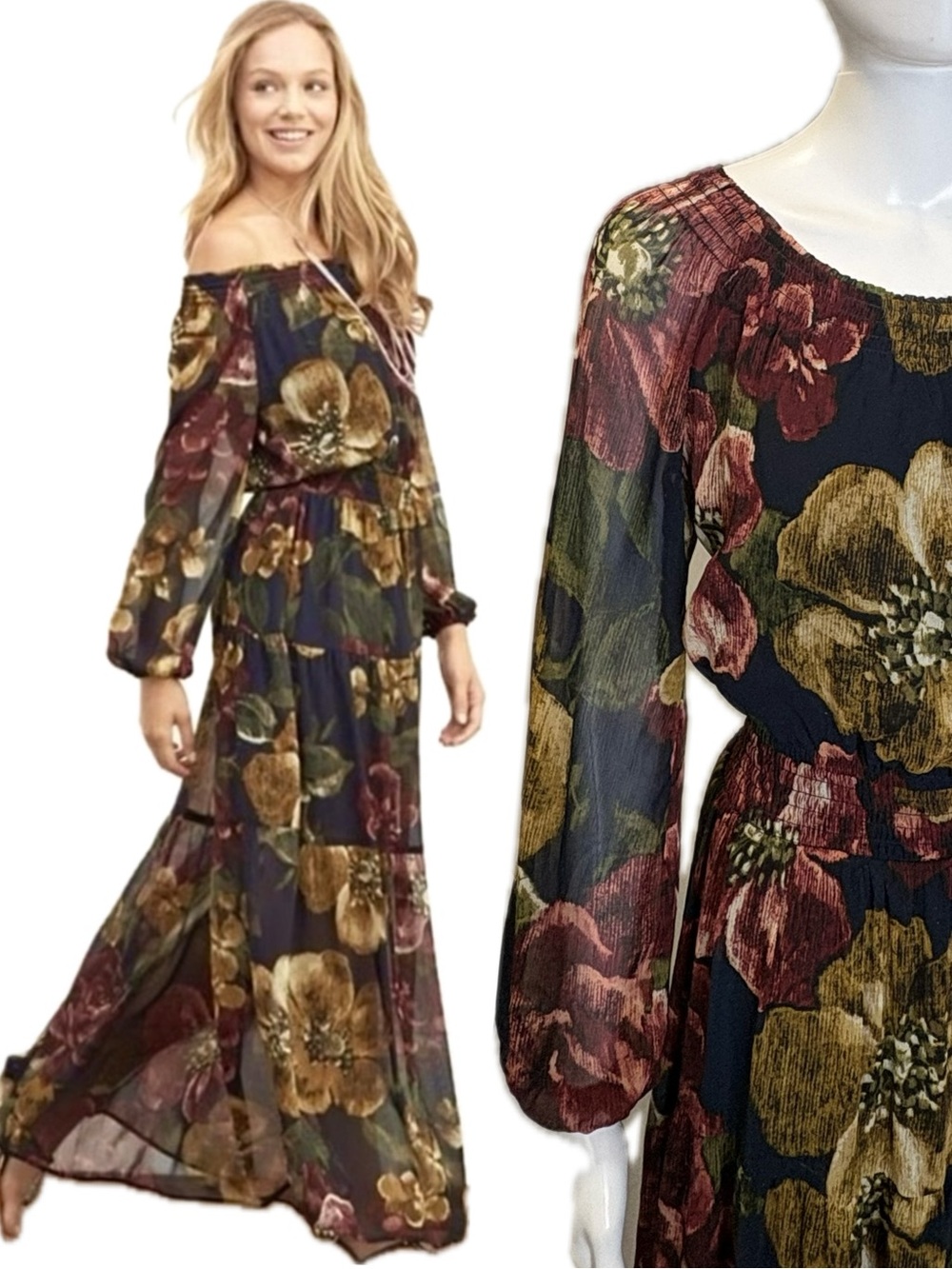 Abercrombie & Fitch Sheer Floral Smocked Neck Long Sleeve Maxi Dress Size XS